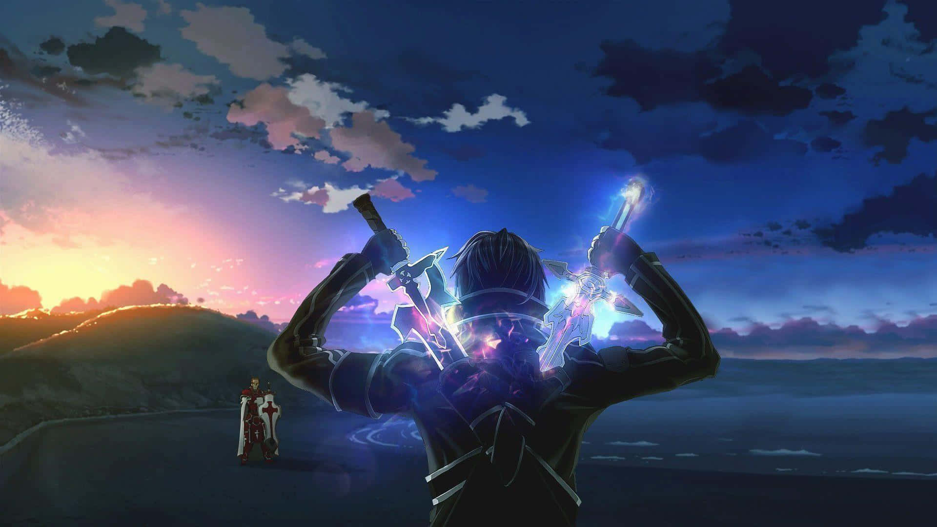 Sword And Shield 桌布 壁紙 — 一名戰士在暮色天空下舉起發光的劍，遠處的山坡上有一個身影在觀望。