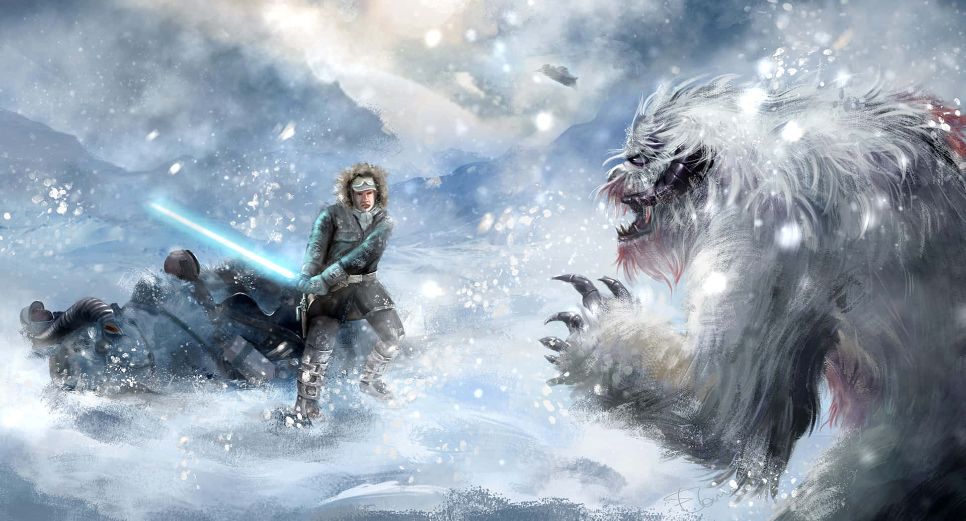 Wampa 桌布 壁紙 — 一名戰士在暴風雪籠罩的山地景觀中，揮舞著發光的藍色光劍對抗巨大的雪獸。