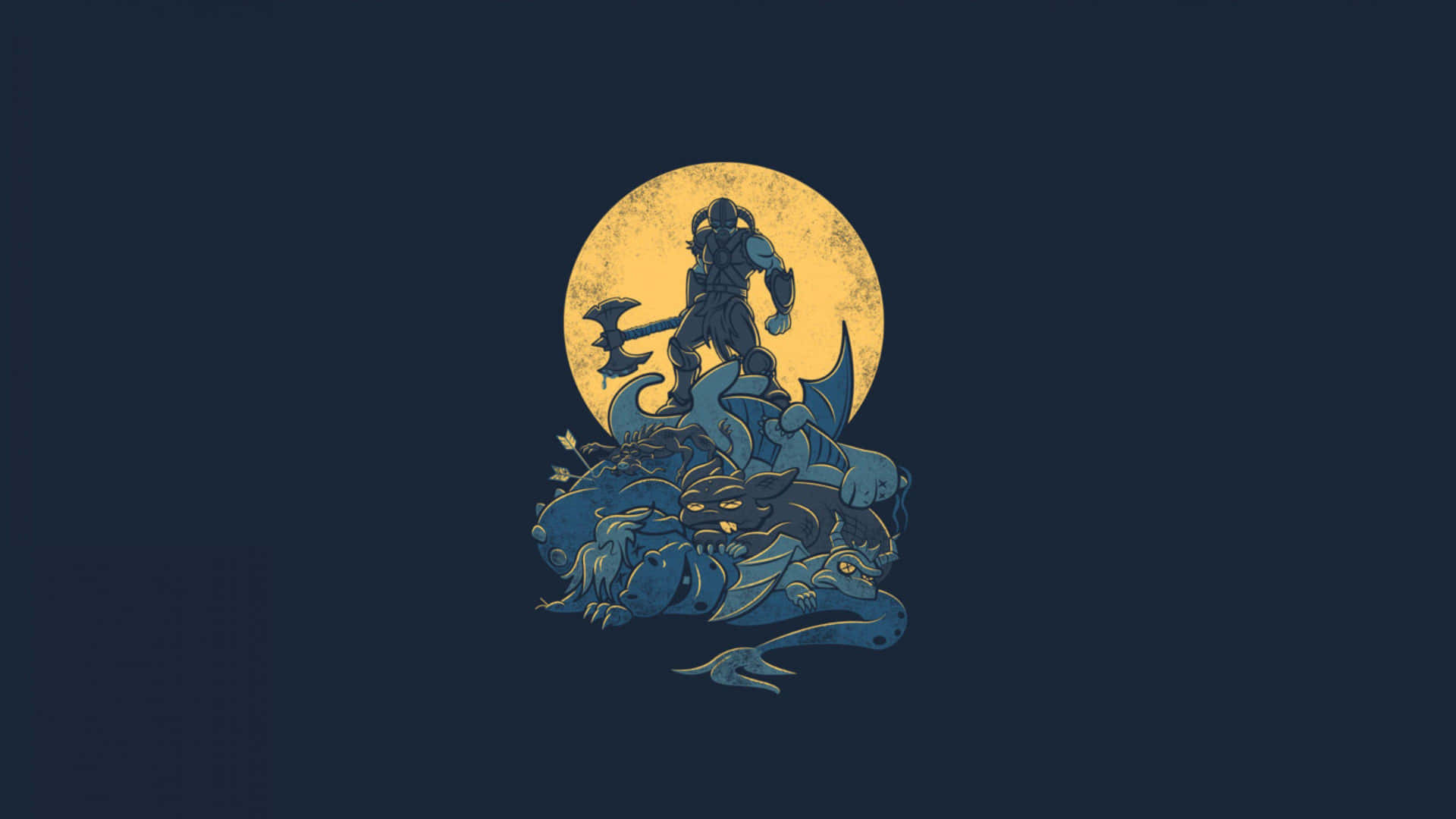 Minimalist Gaming 桌布 壁紙 — 一名戰士在深藍色背景下，於發光的黃色月亮下勝利地站在被殺死的怪物之上。