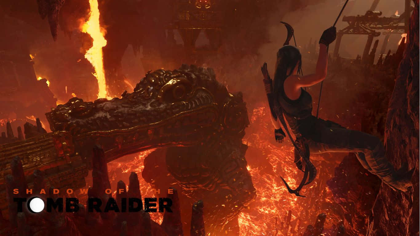 Lara Croft 桌布 壁紙 — 一名戰士在火山廢墟中，於巨大龍頭下方盪過熾熱的裂縫。