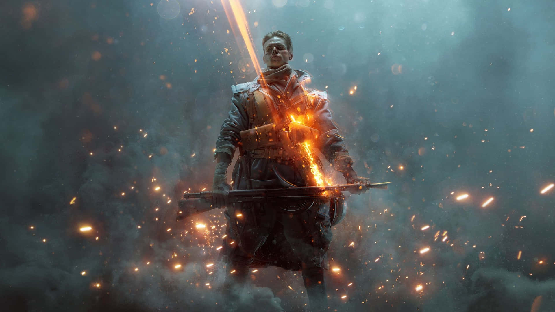 1920x1080 Battlefield 1 桌布 壁紙 — 一名戰士在煙霧瀰漫的戰場上挑釁地站立，武器上爆發出熾熱的火花，背景陰暗迷濛。