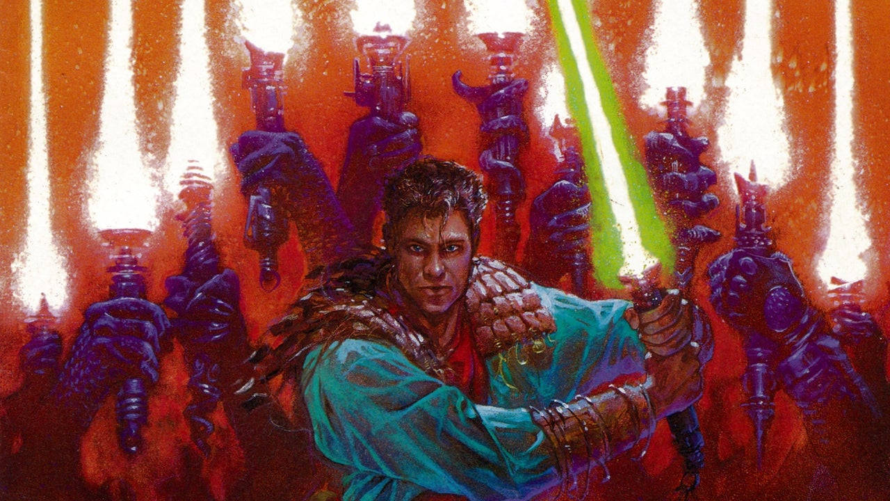 Jedi 桌布 壁紙 — 一名戰士在熾熱的橙色光束中，以發光的綠色光劍對抗背景中威脅性的紫色機器人形體。