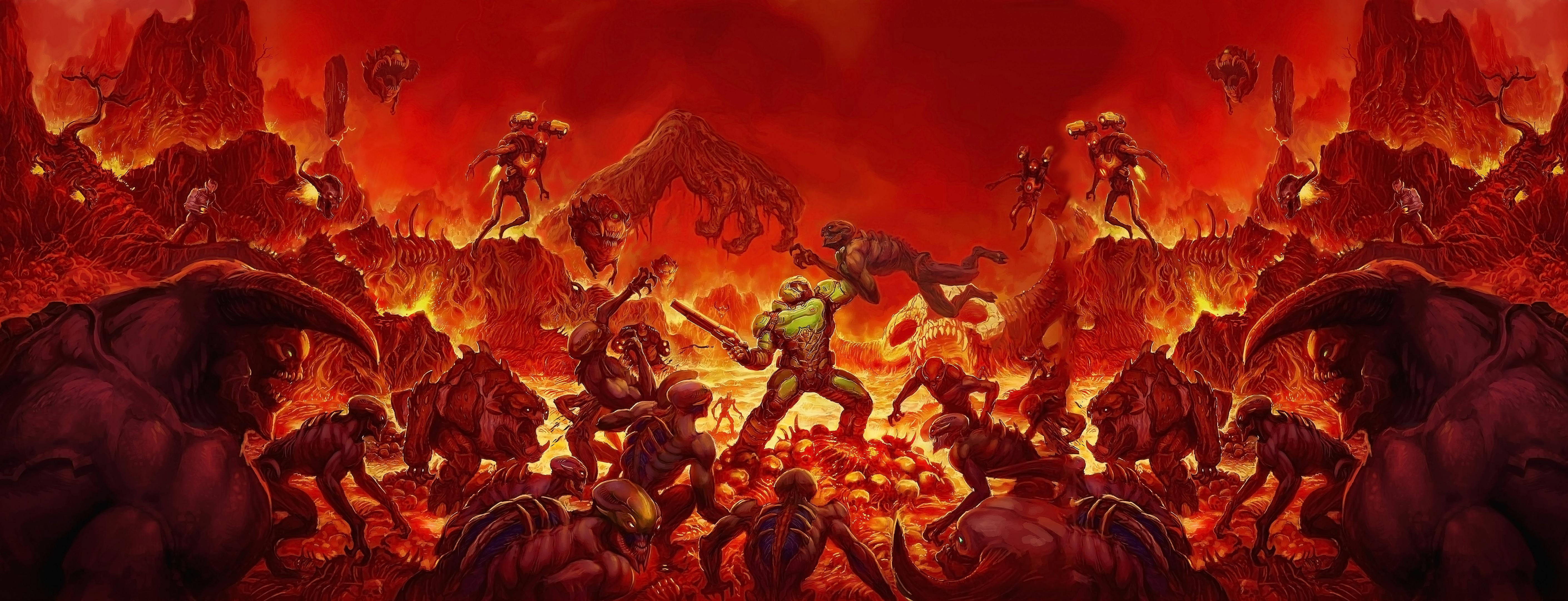 Doomguy 桌布 壁紙 — 一名戰士在血紅色的天空下，於熾熱的地獄景觀中與怪物般的生物戰鬥。