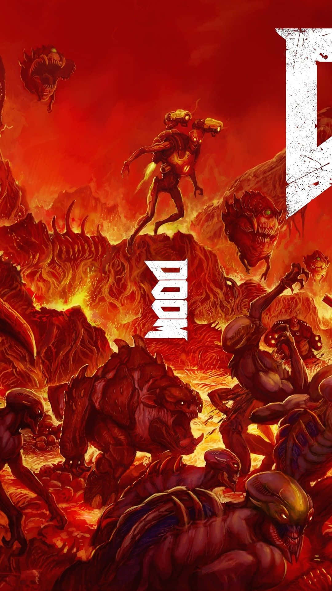 Pixel 3xl Doom 桌布 壁紙 — 一名戰士在血紅色的天空下，於熾熱的地獄景觀中與惡魔大軍作戰。