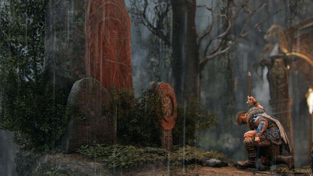 主題 桌布 壁紙 — 一名戰士在迷霧森林的神殿中，在落雨下跪在古老符文石旁。