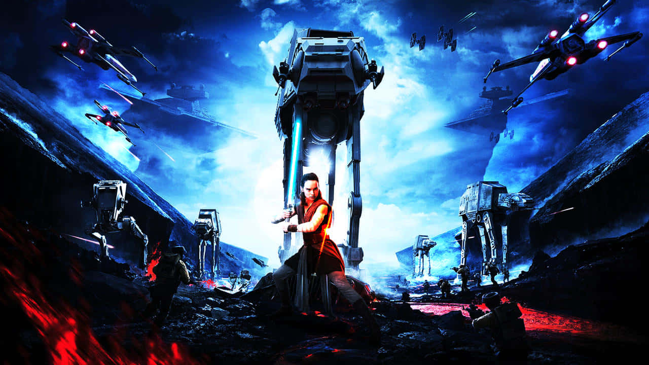 Rey Star Wars 桌布 壁紙 — 一名戰士在風暴藍天下揮舞發光的藍色光劍，對抗高聳的AT-AT步行機和飛行的星際戰鬥機。
