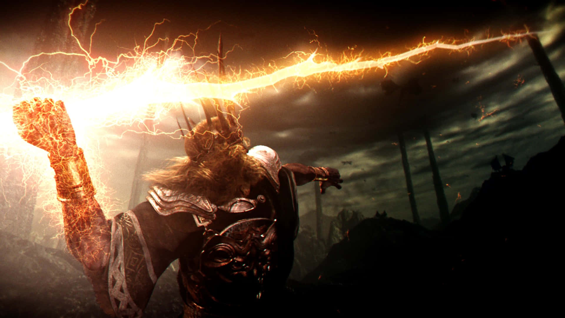 Dark Souls Boss 桌布 壁紙 — 一名戰士在黃昏的暴風雨戰場上，用發光的拳頭引導一道巨大的閃電。