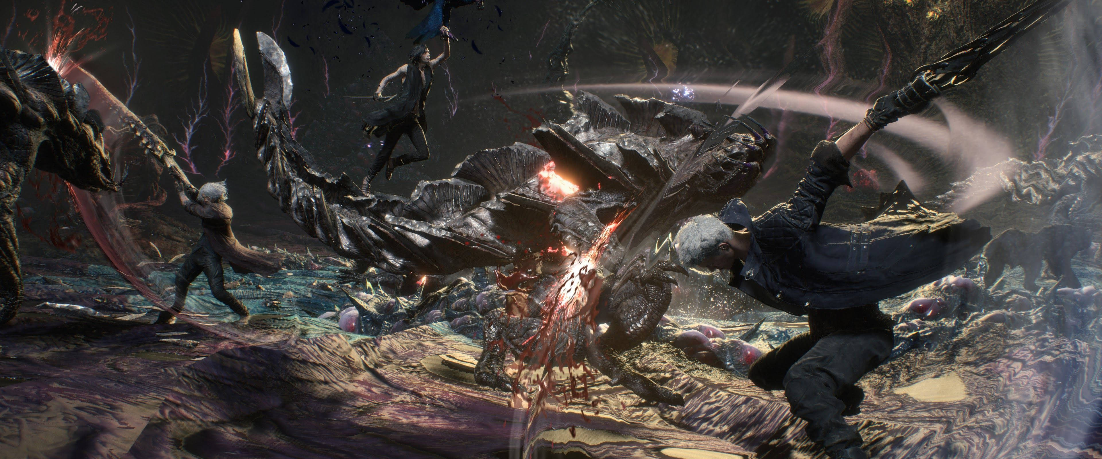 Devil May Cry 5 桌布 壁紙 — 一名戰士在黑暗、熾熱的奇幻競技場中與巨大的惡魔野獸戰鬥，伴隨著發光的紅色和紫色能量效果。