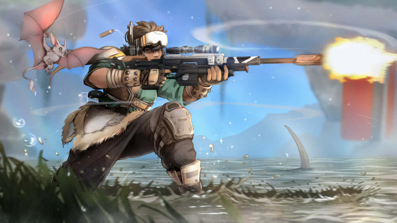 720p Apex Legends 桌布 壁紙 — 一名戰士在齊腰深的水中開火步槍，一隻蝙蝠狀生物在他身旁飛翔，背景是暴風雨的天空。