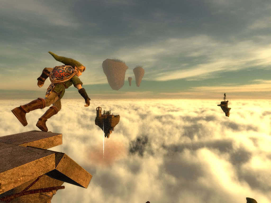 The Legend Of Zelda Skyward Sword 桌布 壁紙 — 一名戰士從漂浮的石頭平台躍起，越過無盡雲層，奔向沐浴在金色夕陽光芒中的遙遠天空島嶼。