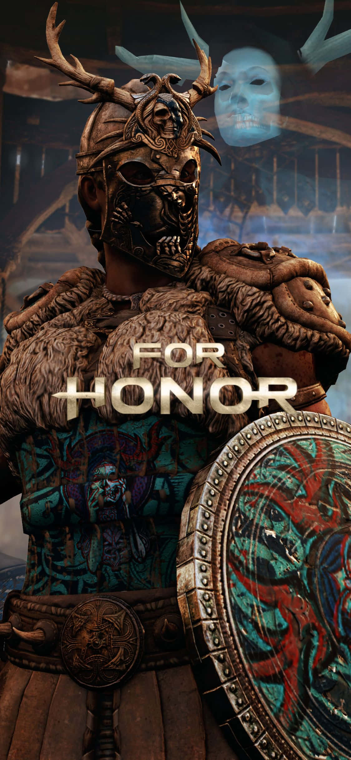 iPhone Xs For Honor 桌布 壁紙 — 一名戰士戴著華麗的骷髏頭盔和毛皮盔甲，在昏暗的競技場中手持裝飾盾牌，上方有一個幽靈般的面孔。