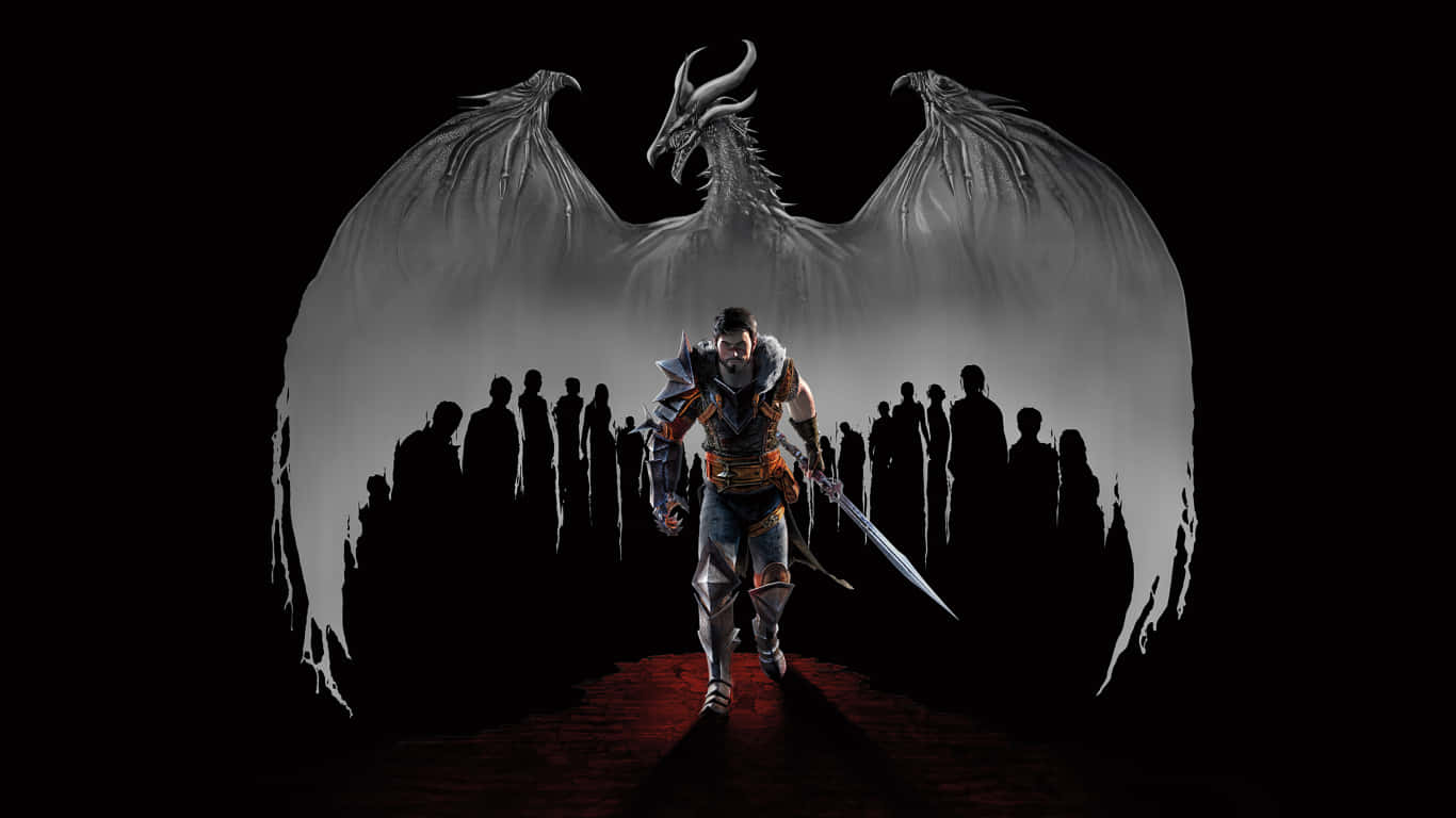 1366x768 Dragon Age Inquisition 桌布 壁紙 — 一名戰士手持劍，在陰暗迷濛的背景中，於一條若隱若現的巨龍剪影下向前邁進，四周有模糊的人影。