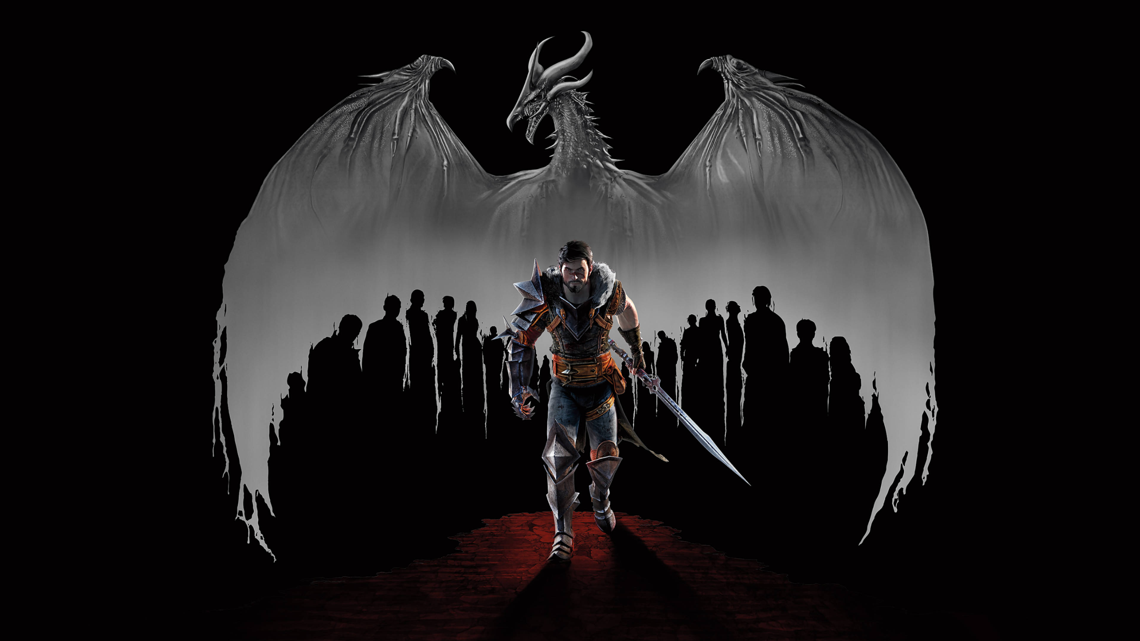 Dragon Age 桌布 壁紙 — 一名戰士手持劍，在黑暗背景中帶有陰影人物的情況下，於一條威嚴的龍形剪影下大步向前。