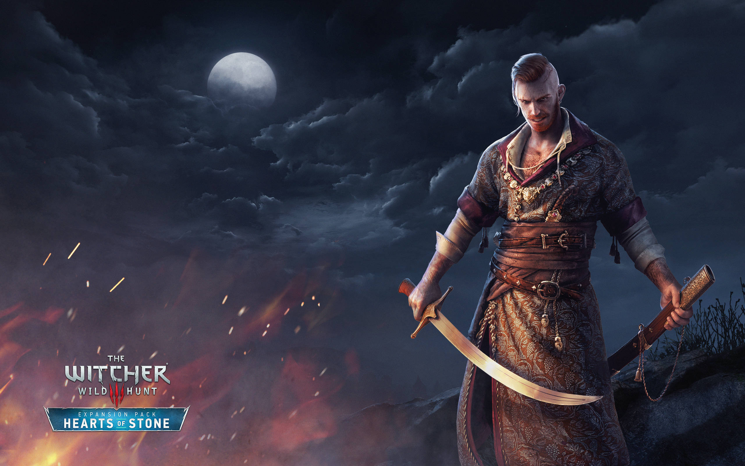 Witcher 桌布 壁紙 — 一名戰士手持彎刀，站在黑暗的月光下，火花在他周圍飛舞。