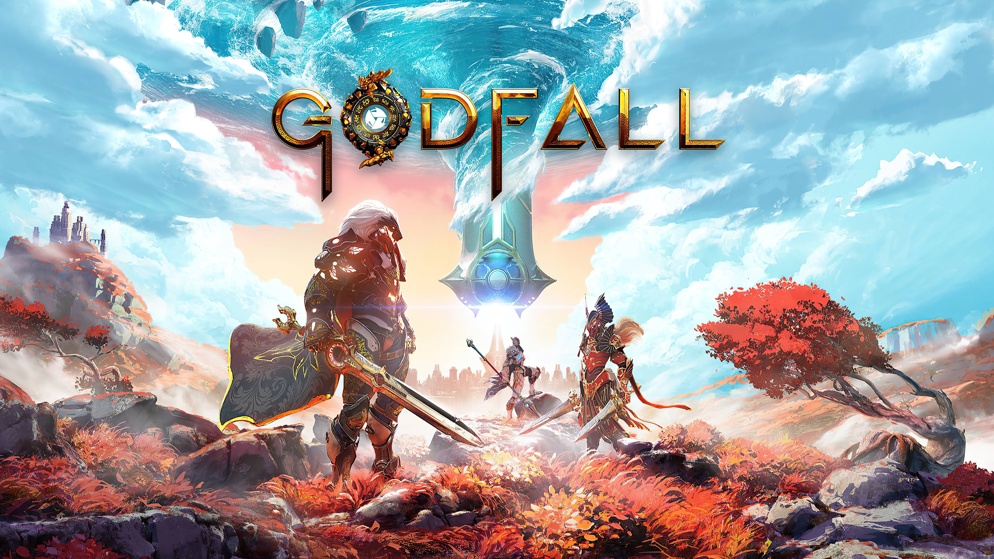 Godfall 桌布 壁紙 — 一名戰士手持發光劍，站在一個漂浮的水晶結構前，背景是充滿活力的秋季奇幻景觀。