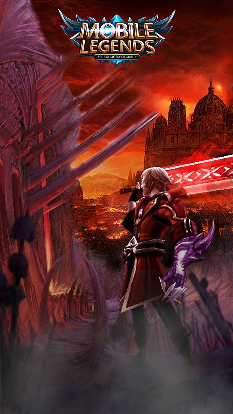 mobile legends logo 桌布 壁紙 — 一名戰士手持發光劍，站在廢墟大教堂中，頭頂是火紅的天空，俯瞰著燃燒的城市。