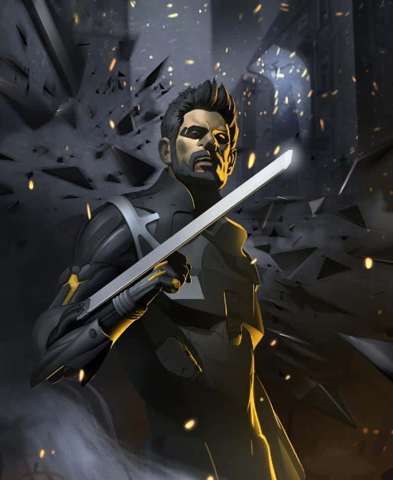 Android Deus Ex Mankind Divided 桌布 壁紙 — 一名戰士手持發光劍，站在破碎的碎片和飛舞的火花中，場景黑暗而戲劇化。