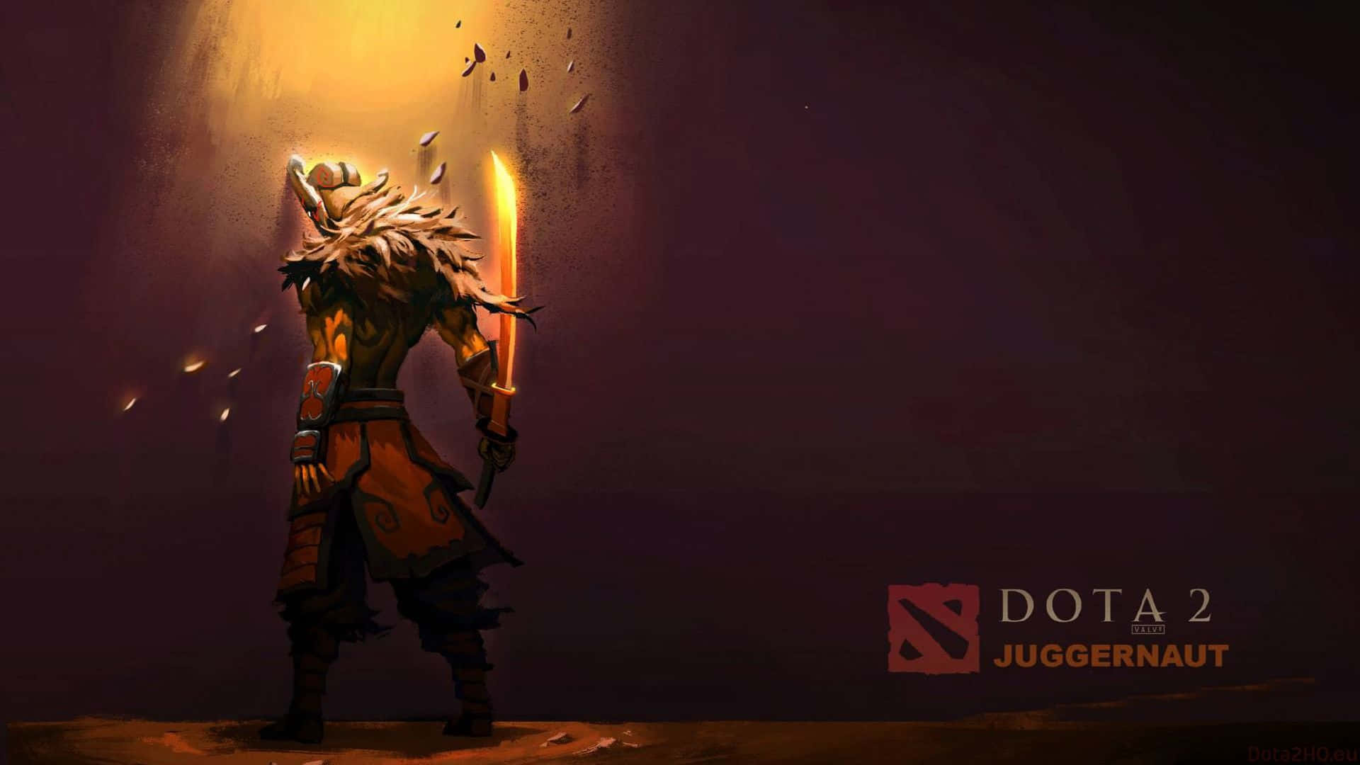 HD Dota 2 桌布 壁紙 — 一名戰士手持發光劍，站在被金色光束照亮的黑暗洞穴中。