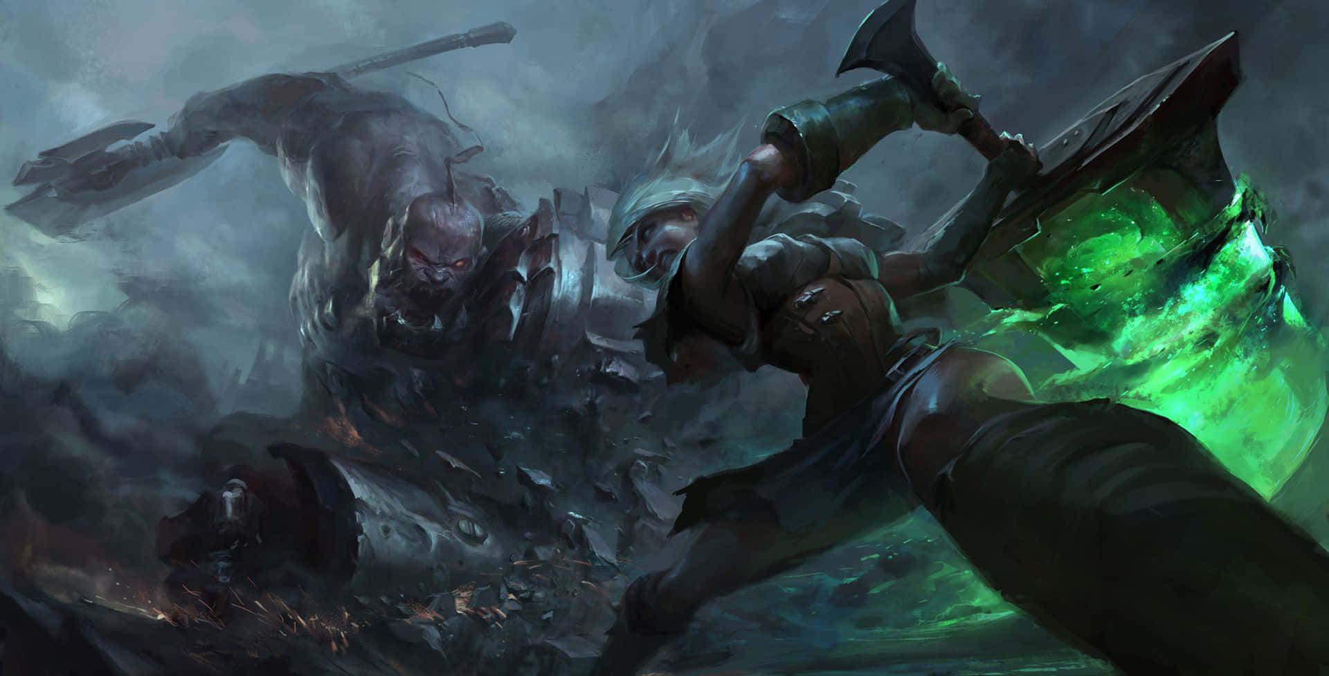 Best League Of Legends 桌布 壁紙 — 一名戰士手持發光綠色斧頭，在風暴肆虐、塵土飛揚的戰場上與一頭怪獸搏鬥。