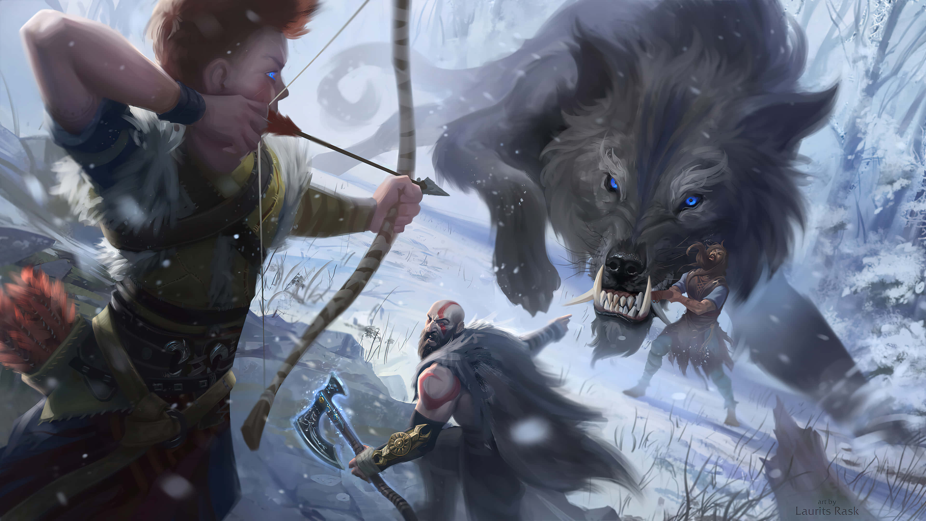 Rpg 桌布 壁紙 — 一名戰士拉弓面對一隻巨大的咆哮狼，而另一名戰士在雪地森林中與一隻較小的野獸搏鬥。