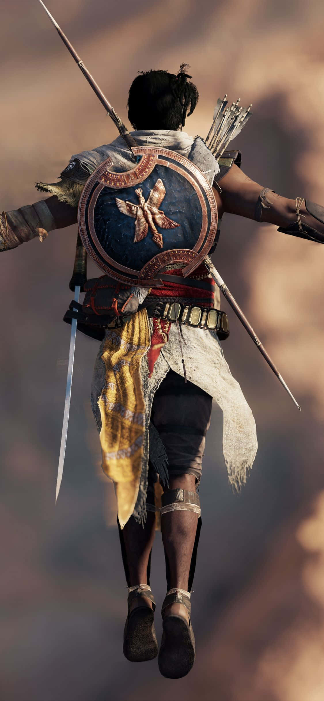 iPhone X Assassin's Creed Origins 桌布 壁紙 — 一名戰士持盾和武器跳過朦朧的天空，從背後觀看。