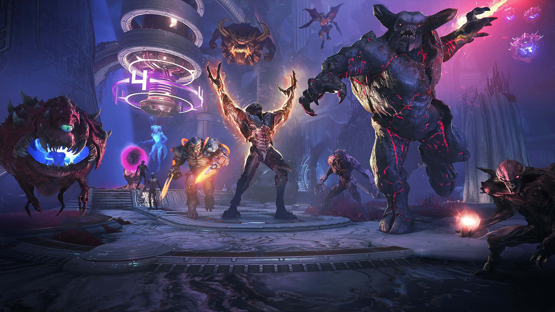 Doom Eternal HD 桌布 壁紙 — 一名戰士挑釁地站在一個發光的未來風格競技場中，周圍環繞著怪獸般的生物和漂浮的敵人。