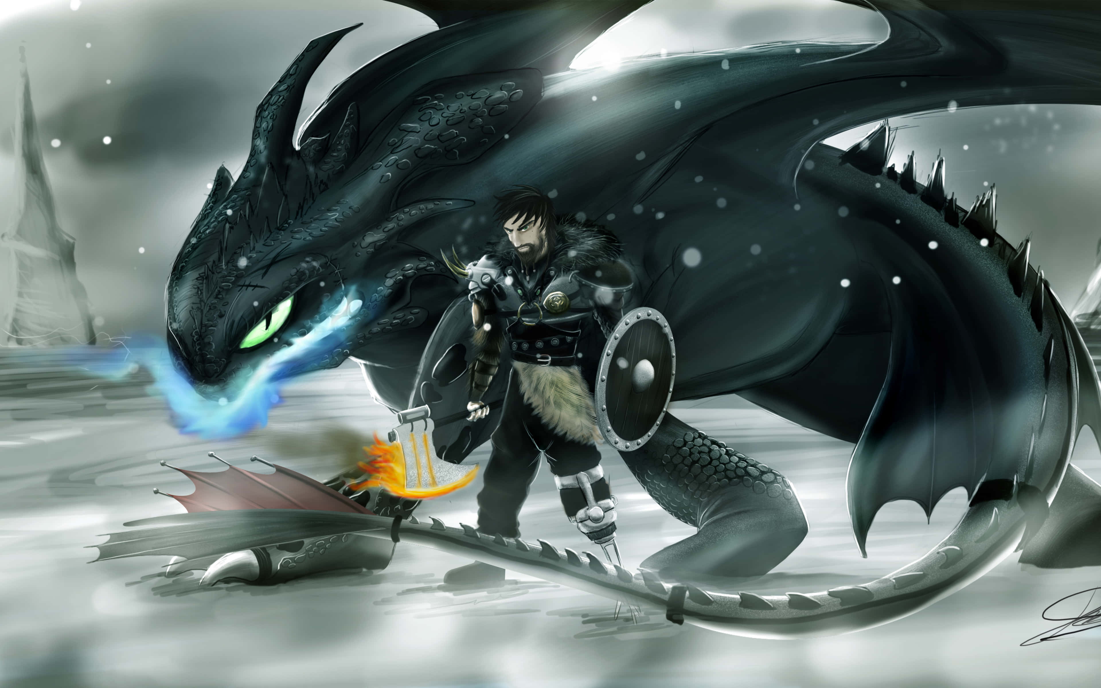 How To Train Your Dragon 4K 桌布 壁紙 — 一名戰士挑釁地站在一頭巨大的黑色龍旁邊，龍在雪地戰場上噴出冰冷的藍色火焰。