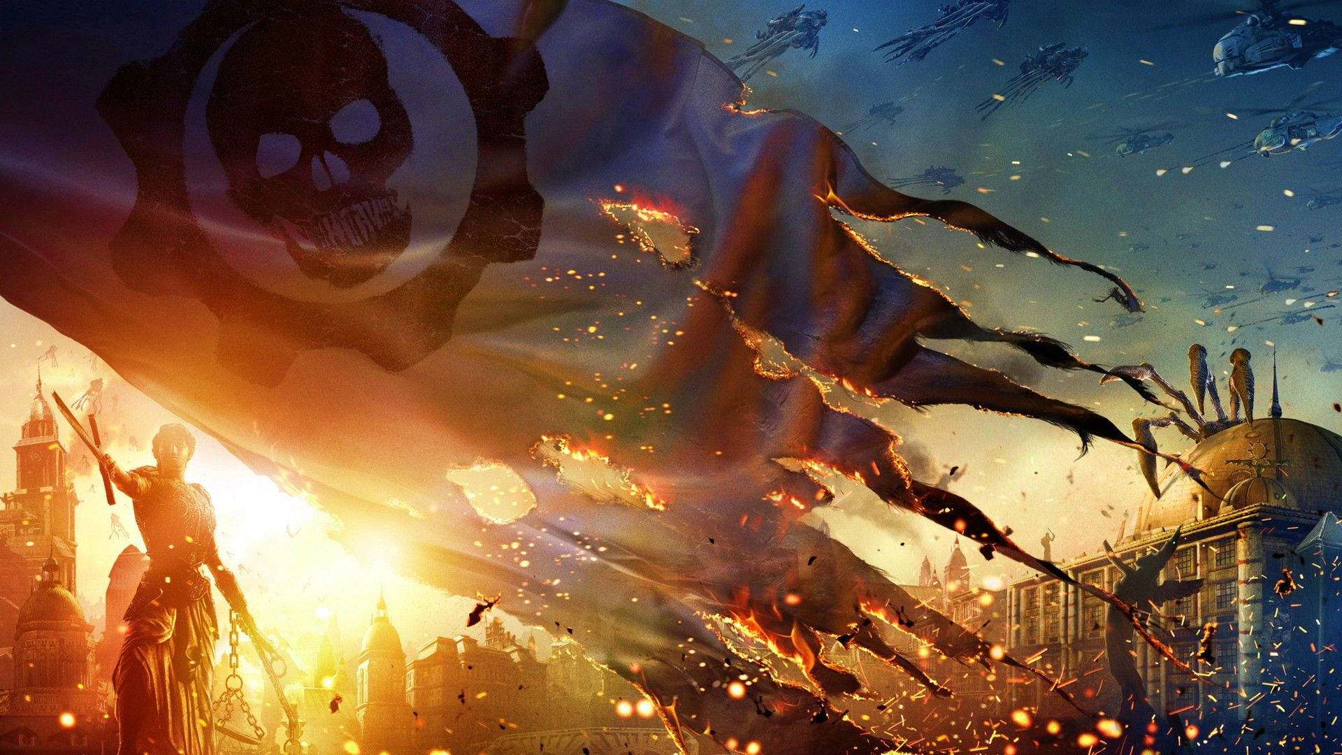 Gears Of War 桌布 壁紙 — 一名戰士挑釁地站在燃燒的城市景觀之上，一面帶有骷髏標誌的巨大破爛旗幟在飛行的戰爭機器間撕裂天空。