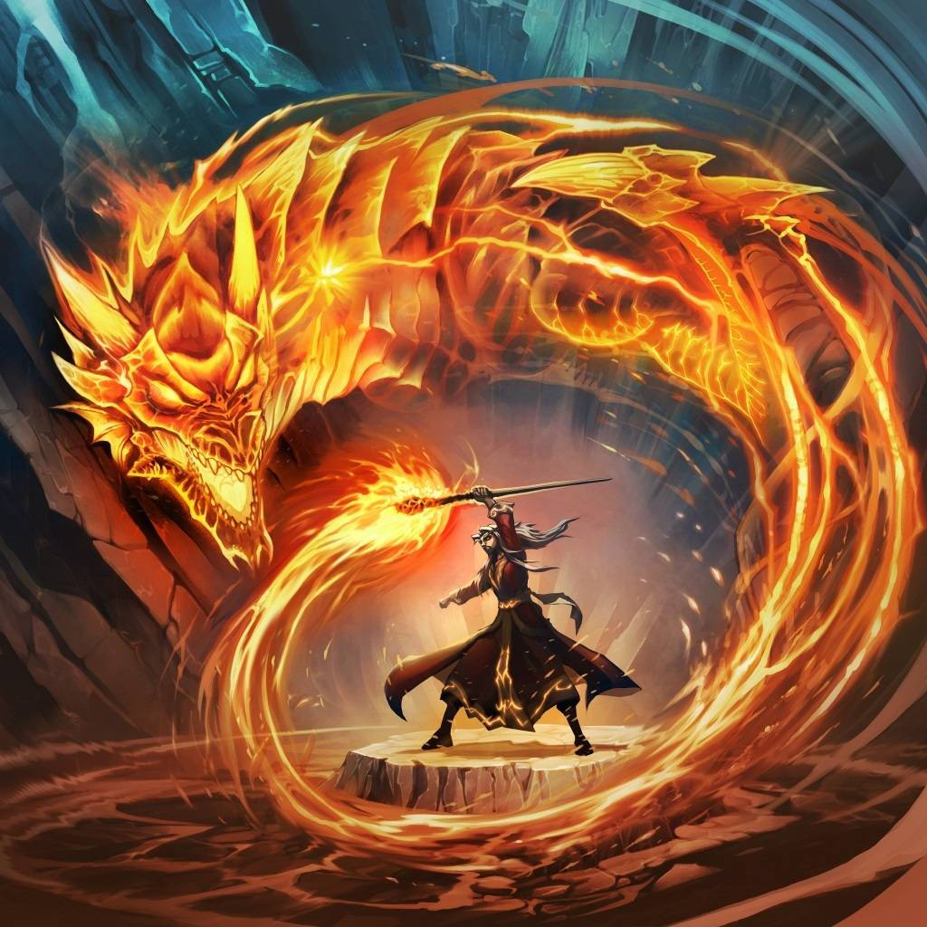 火龍 桌布 壁紙 — 一名戰士挑釁地站在石台上，一條巨大的火龍在他們周圍盤繞，形成一個發光的火焰環。
