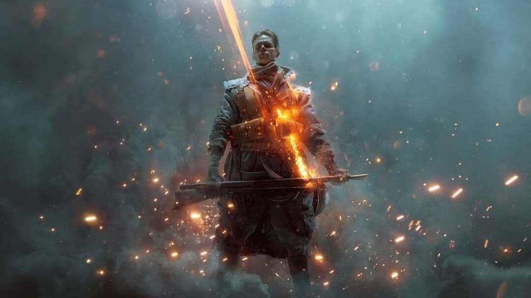 soldier 桌布 壁紙 — 一名戰士挑釁地站著，一把火焰劍從他的胸口噴出，伴隨著火花和煙霧的風暴。