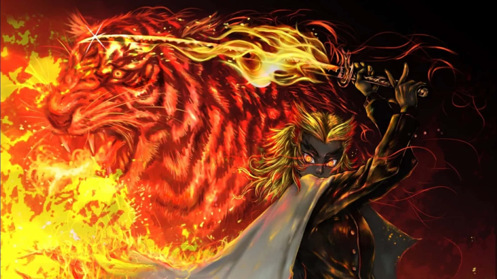 Rengoku Sword 桌布 壁紙 — 一名戰士揮舞著火焰劍，身後一隻火焰猛虎在橙色和紅色的烈焰中咆哮。