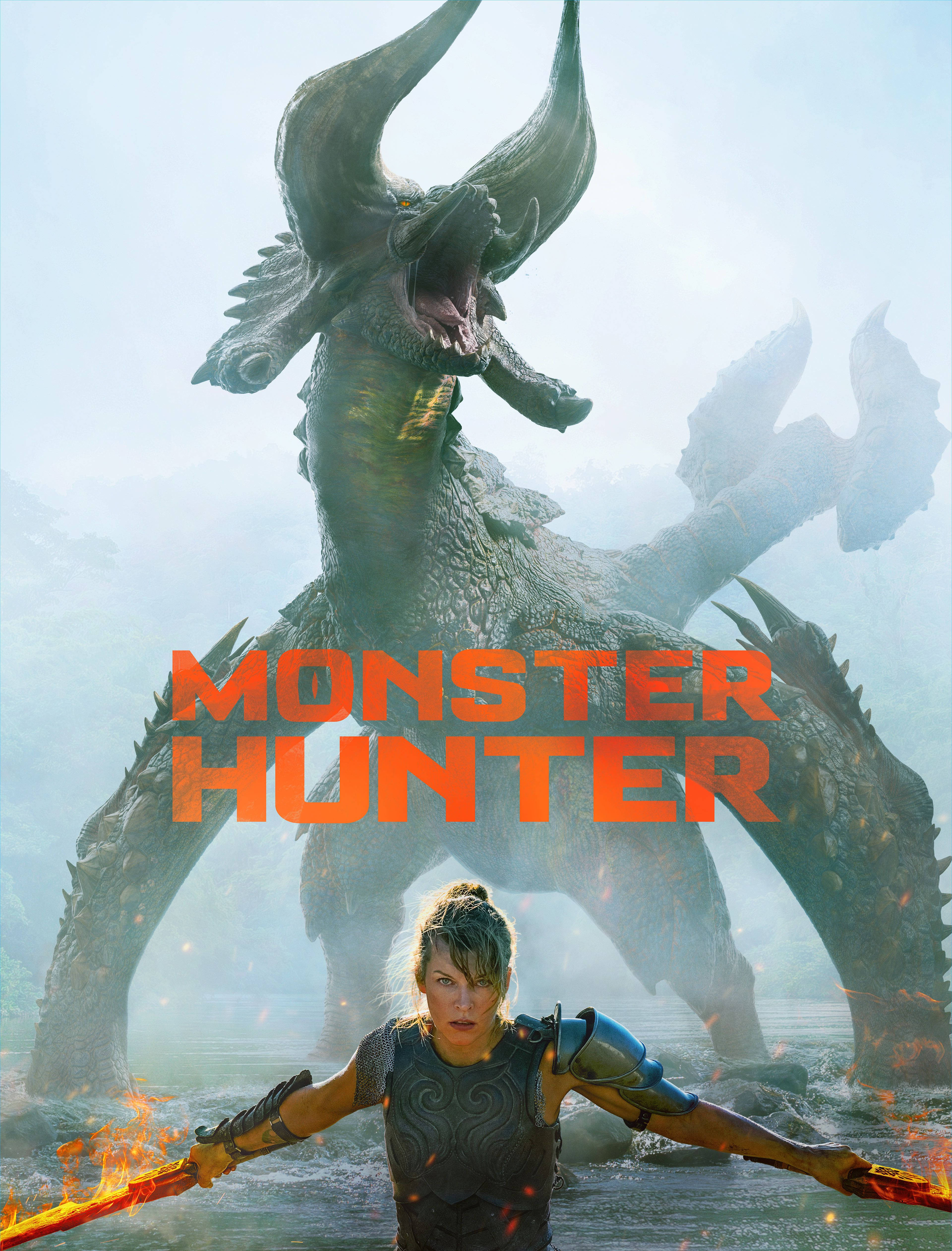 monster hunter iPhone 桌布 壁紙 — 一名戰士揮舞著火焰武器，對抗從迷霧水域中出現的巨大有角怪物。