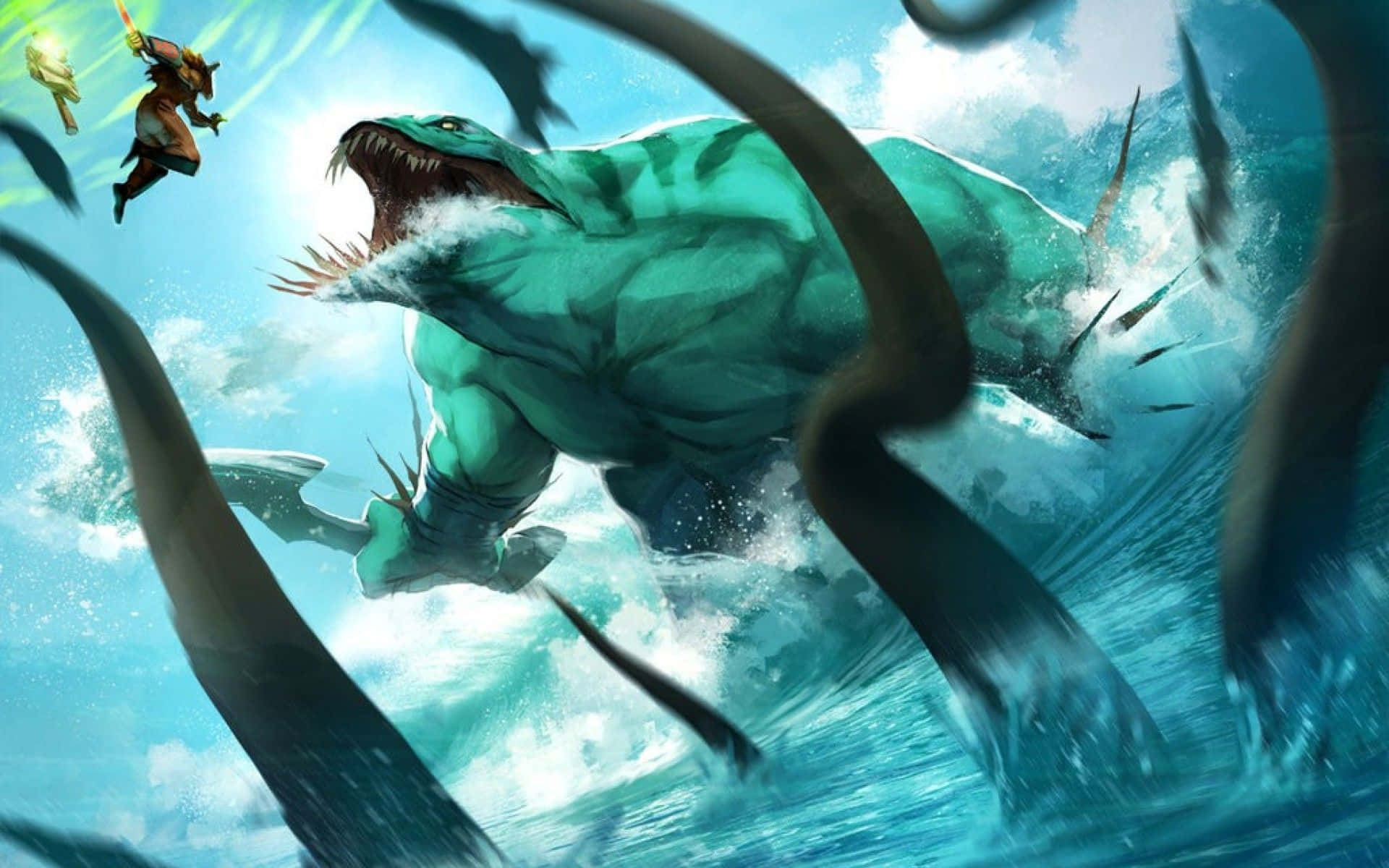 Dota 2 Juggernaut 桌布 壁紙 — 一名戰士穿過暴風雨的天空，躍向一條從洶湧海浪中衝出的巨大綠色海蛇。