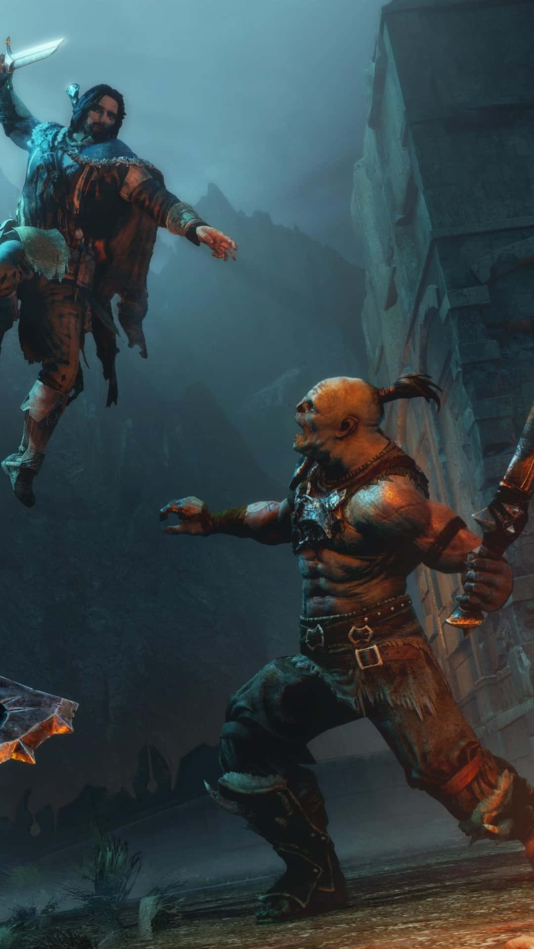 Best Shadow Of Mordor 桌布 壁紙 — 一名戰士穿過迷霧廢墟躍起，攻擊一名揮舞發光武器的肌肉敵人。