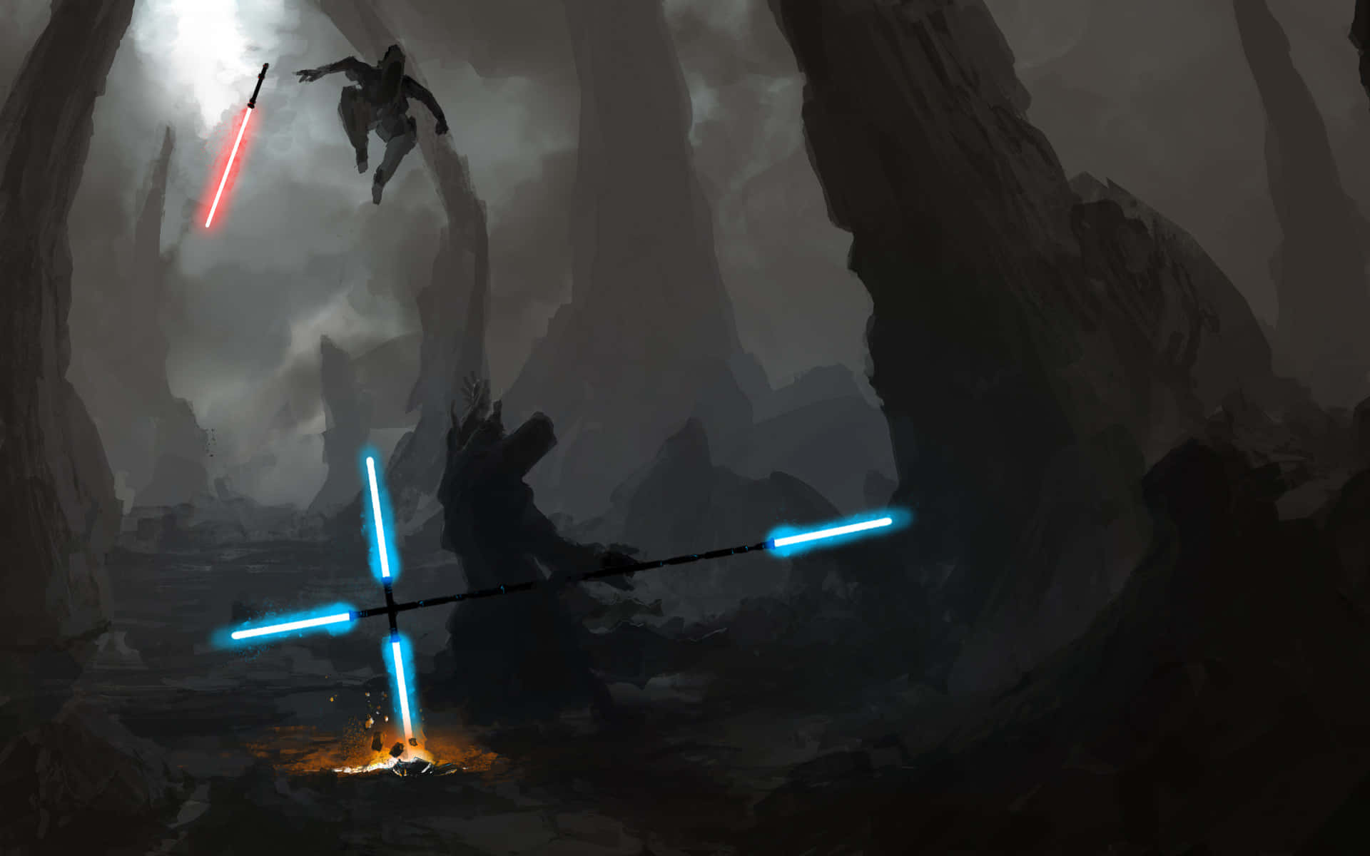 Lightsaber Duels 桌布 壁紙 — 一名戰士穿過迷霧洞穴，揮舞紅色光劍，對抗雙刃藍色光劍使用者。