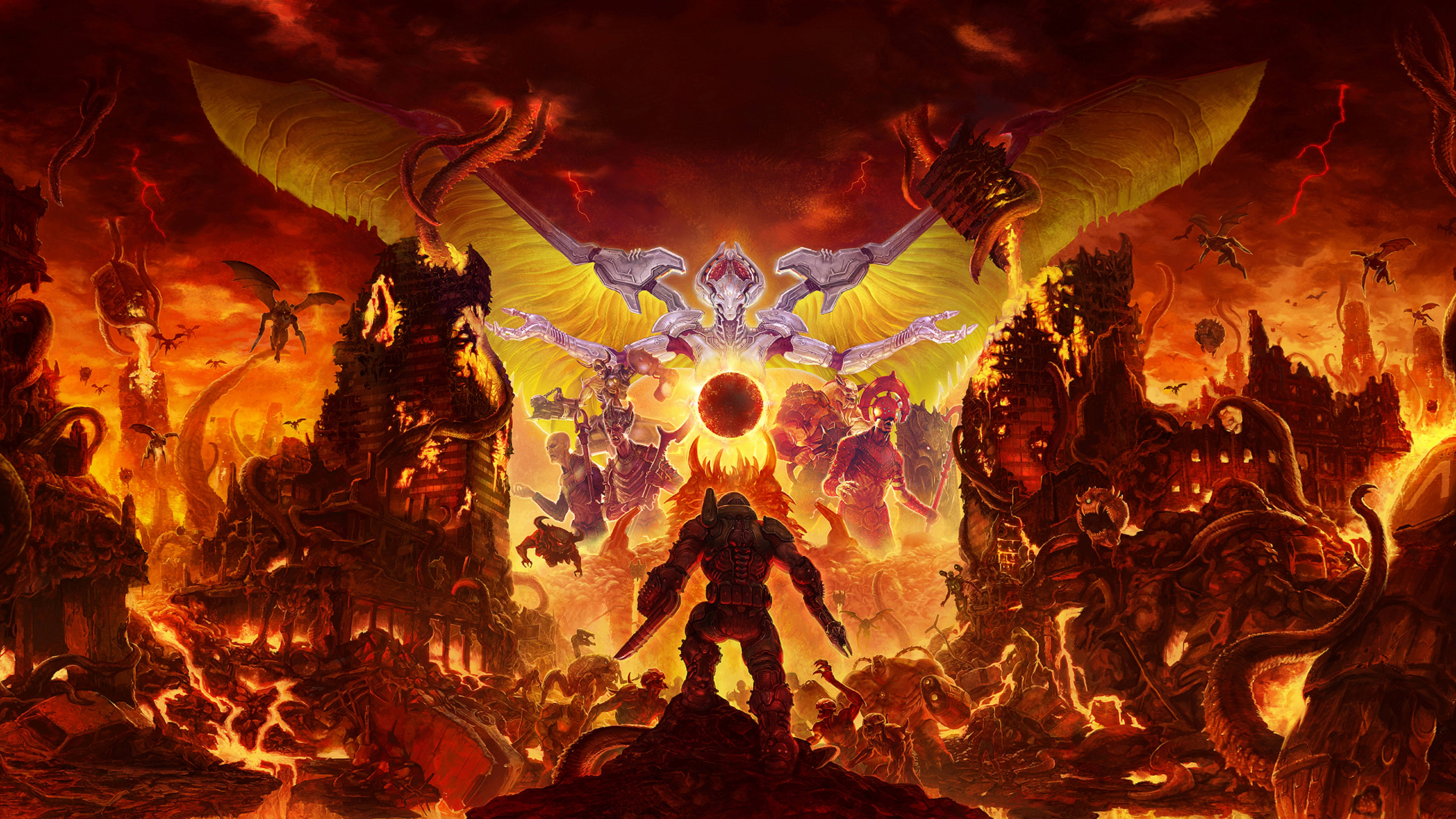 Doomguy 桌布 壁紙 — 一名戰士站在一個巨大的有翼惡魔面前，背景是充滿熔岩和崩塌廢墟的熾熱末日景觀。