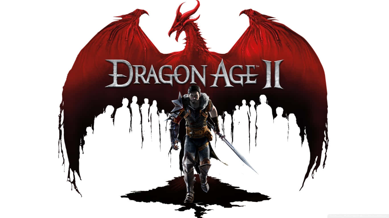 1366x768 Dragon Age Inquisition 桌布 壁紙 — 一名戰士站在一隻展開翅膀、滴落陰影輪廓的威脅性紅龍面前，其後是Dragon Age II標題。