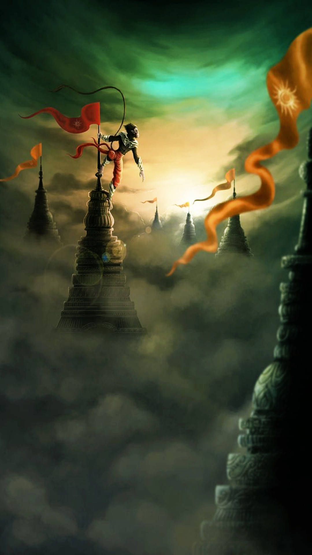 hanuman art 桌布 壁紙 — 一名戰士站在寺廟尖頂上，背景是神秘的迷霧天空，有發光的橙色旗幟和穿透雲層的燦爛太陽。