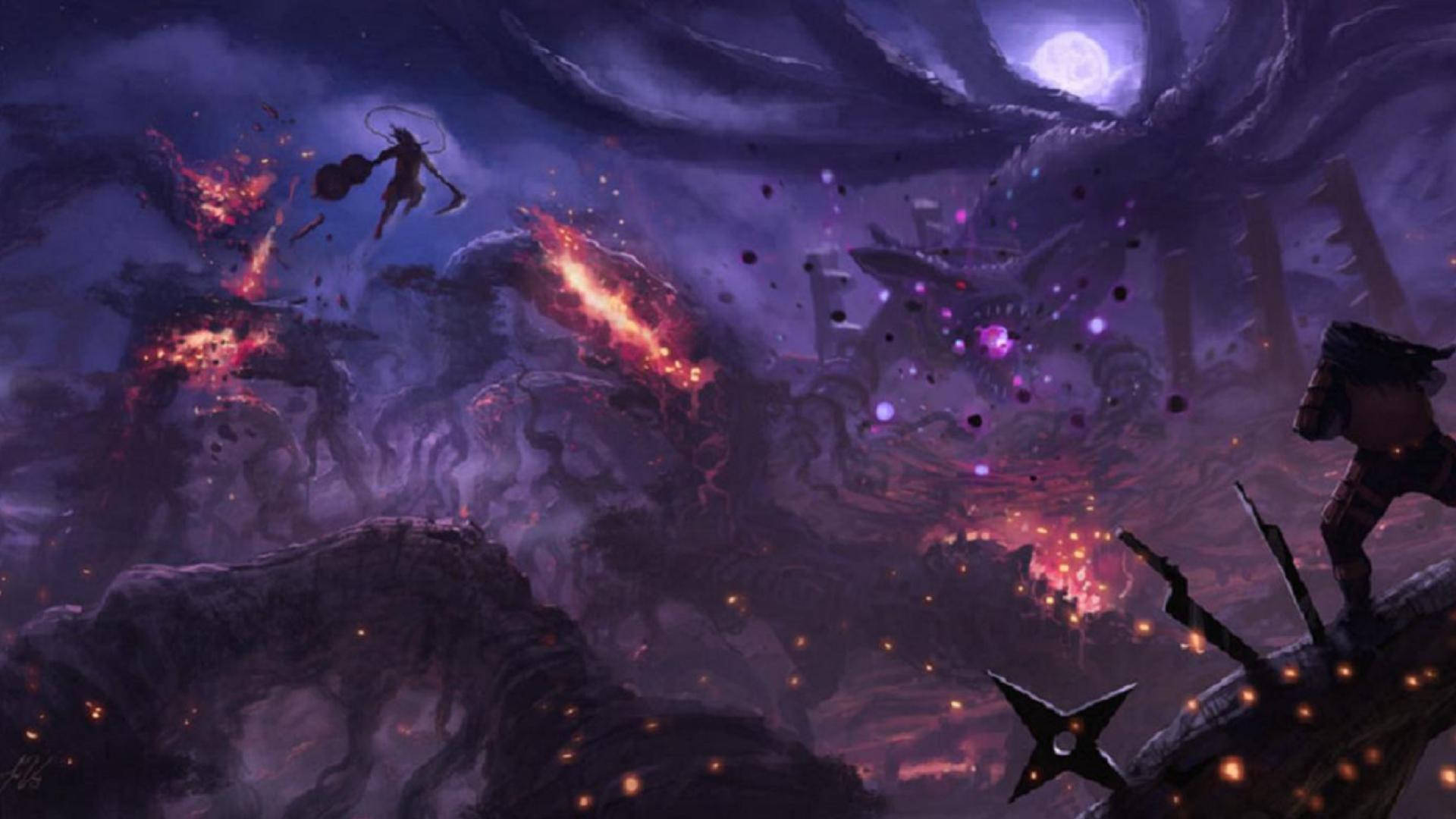戰士俯瞰在紫色夜空和發光月亮下燃燒的戰場。 — 斑 GIF 壁紙