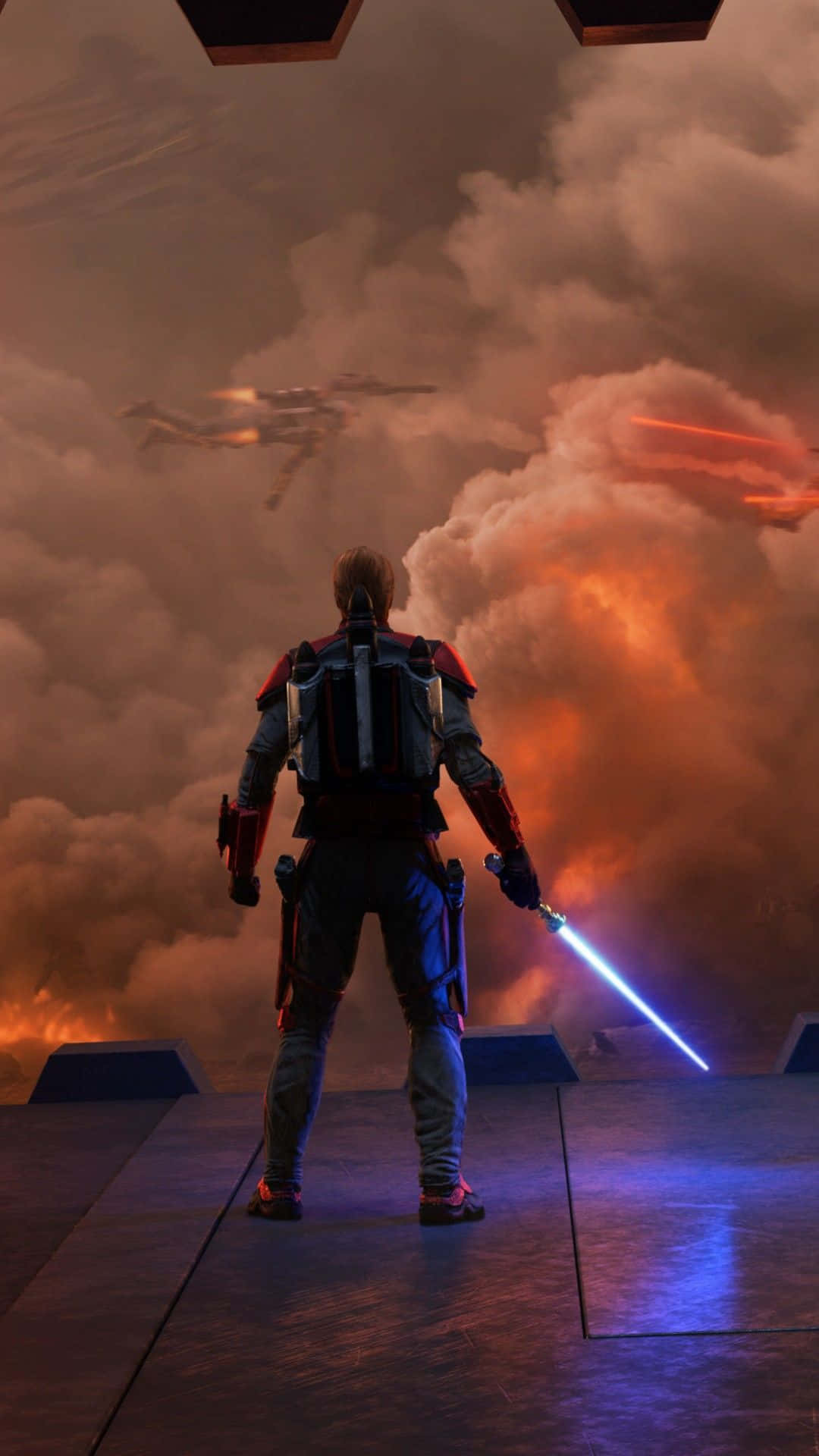 Clone Wars 桌布 壁紙 — 一名戰士站在平台上揮舞著藍色光劍，而星際戰機在上方火雲中戰鬥。