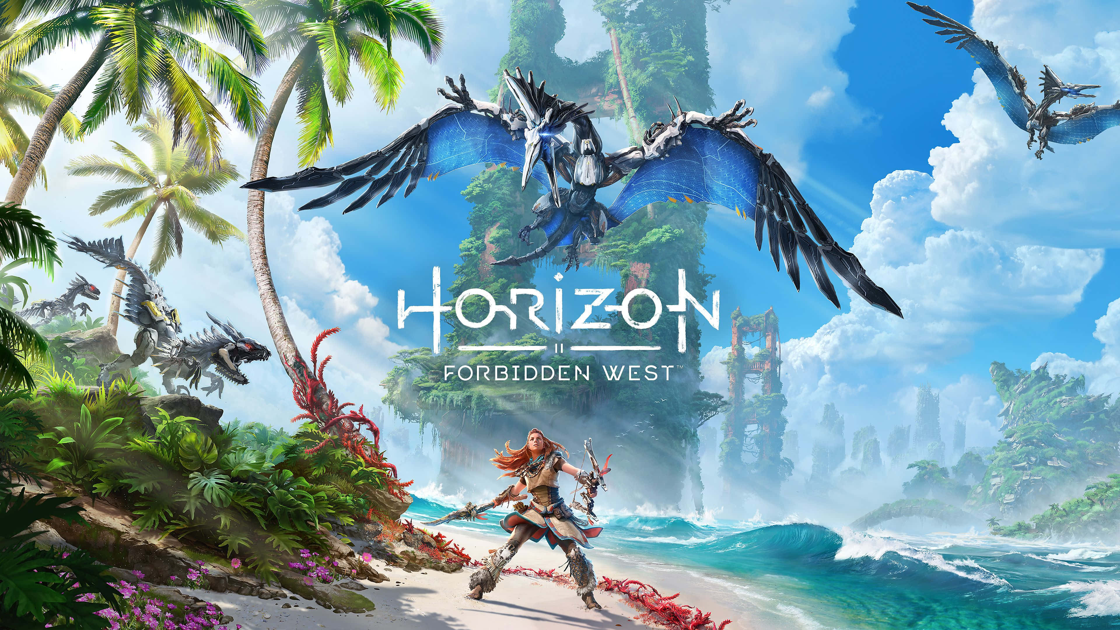 Online Games 桌布 壁紙 — 一名戰士站在熱帶海灘上，巨大的機械鳥在茂密的棕櫚樹和碧綠的海浪上空翱翔。