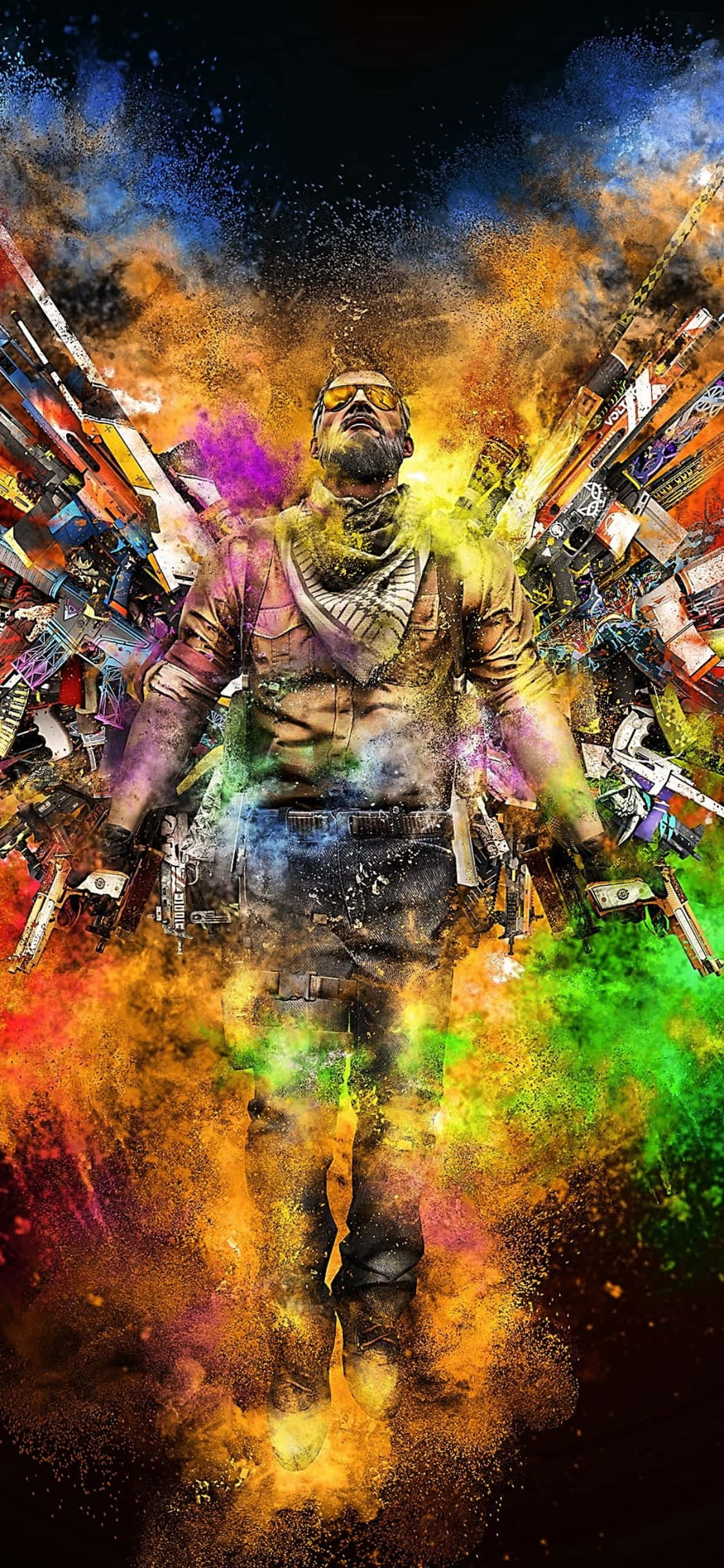 iPhone Xs Counter-strike Global Offensive 桌布 壁紙 — 一名戰士站在色彩繽紛的粉末和武器爆炸中，背景是宇宙。