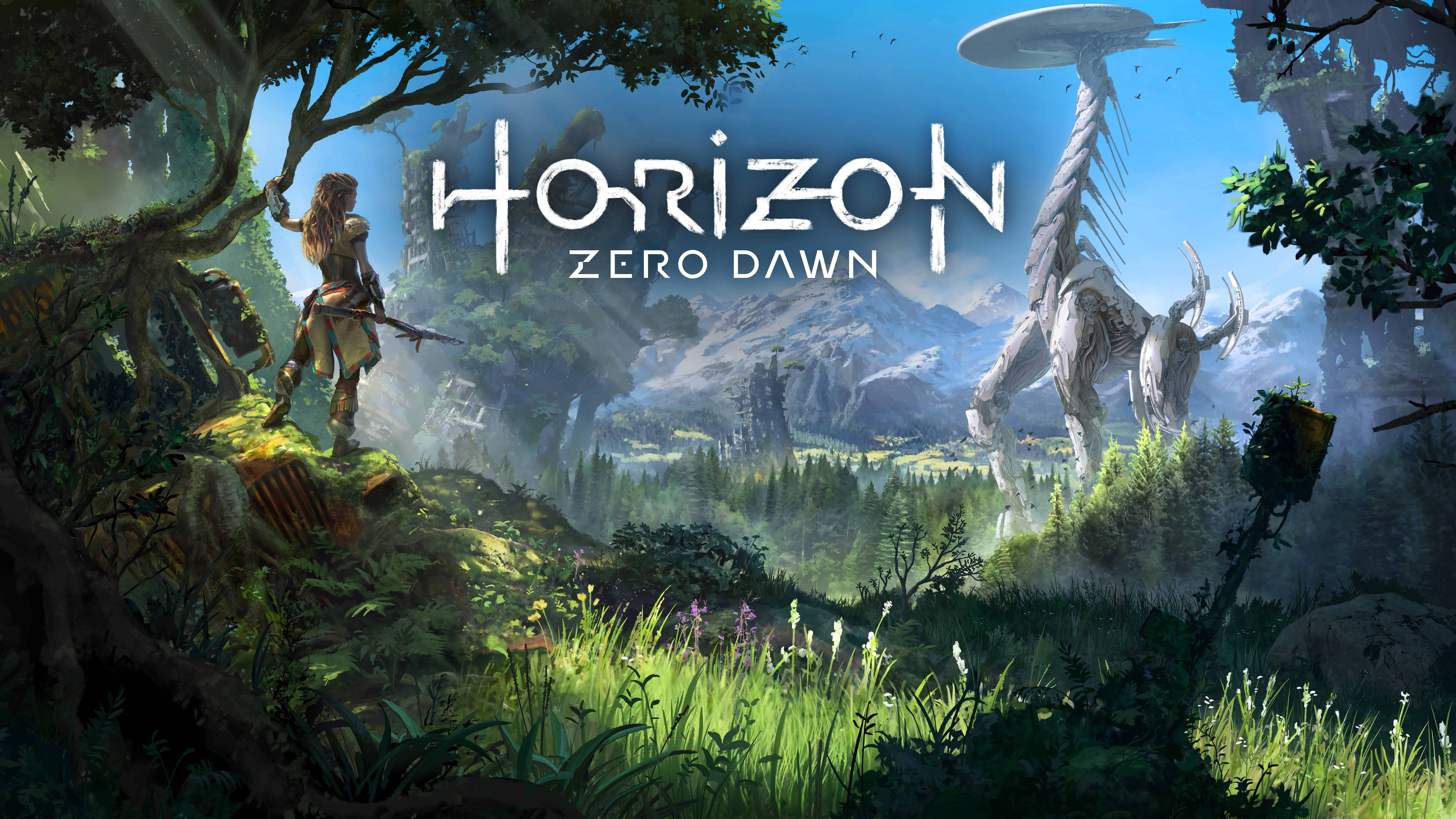 Horizon 桌布 壁紙 — 一名戰士站在長滿苔蘚的懸崖上，俯瞰著一個鬱鬱蔥蔥的山谷，山谷中有巨大的機械野獸和遠處的山脈，天空湛藍明亮。