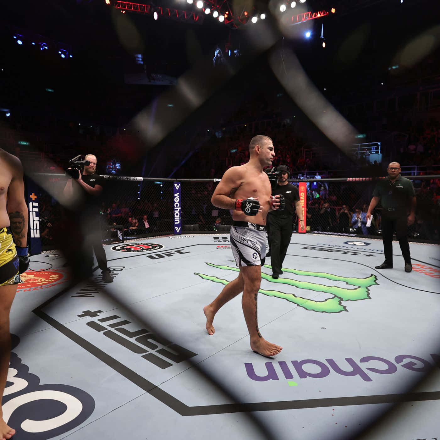 Champion 桌布 壁紙 — 一名戰士自信地走過被場館燈光照亮的UFC八角籠，背景是模糊的人群。