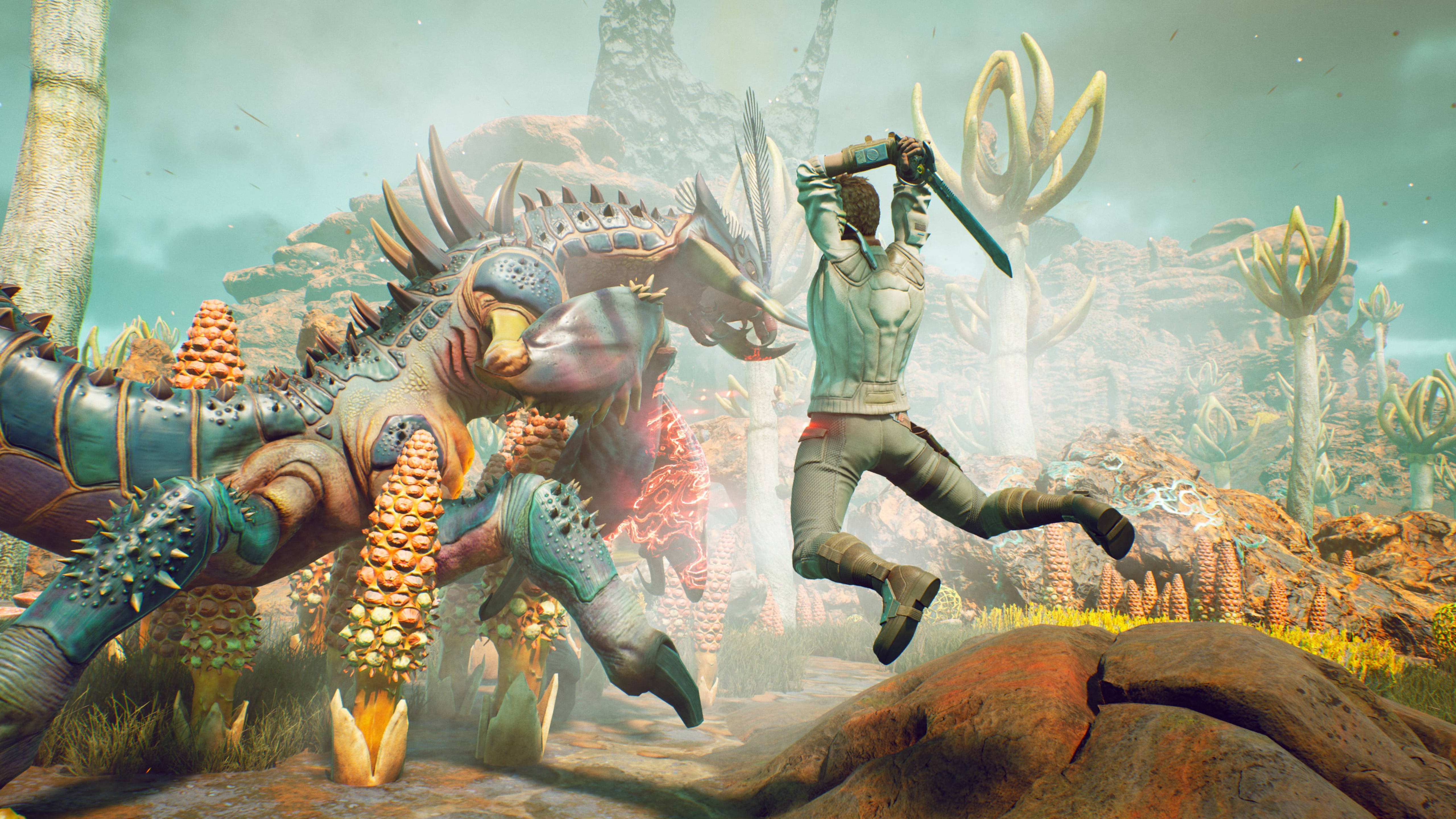 Outer Worlds 桌布 壁紙 — 一名戰士跳入戰鬥，與一隻帶刺的恐龍狀生物在超現實的外星叢林中交戰。