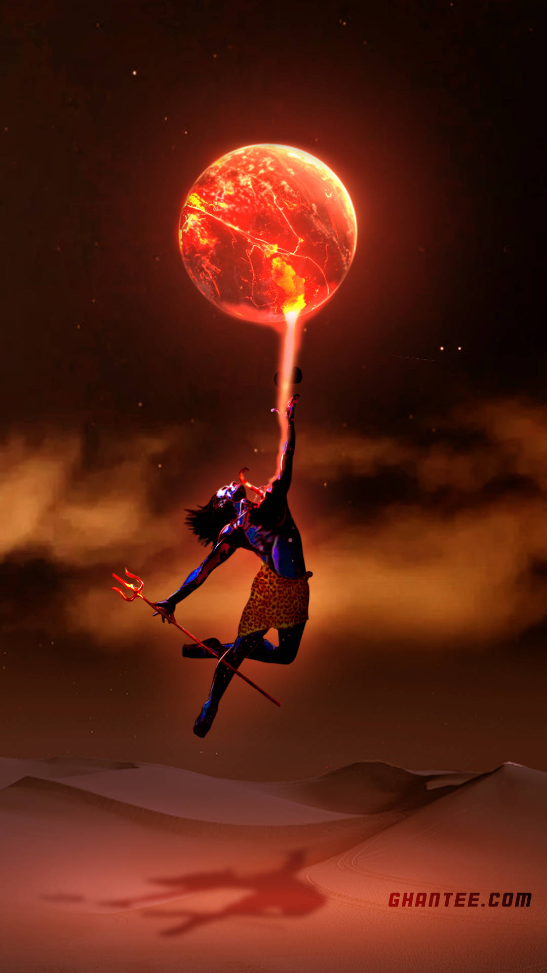 lord shiva angry 桌布 壁紙 — 一名戰士跳越沙漠，單手高舉發光的紅色星球，同時揮舞三叉戟。
