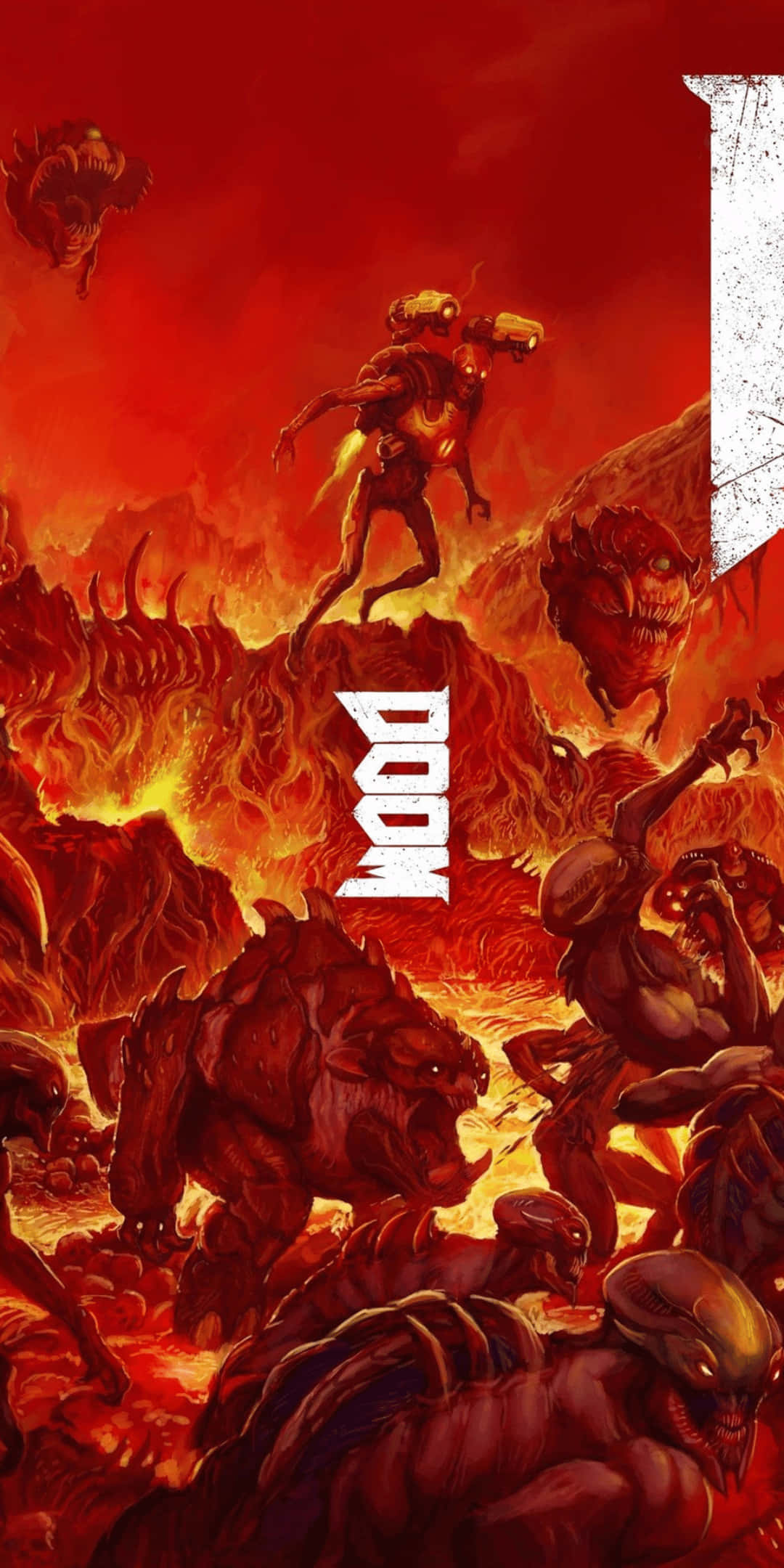 Pixel 3 Doom 桌布 壁紙 — 一名戰士跳過充滿熔岩的地獄景觀，而惡魔生物在血紅色的天空下蜂擁而至。