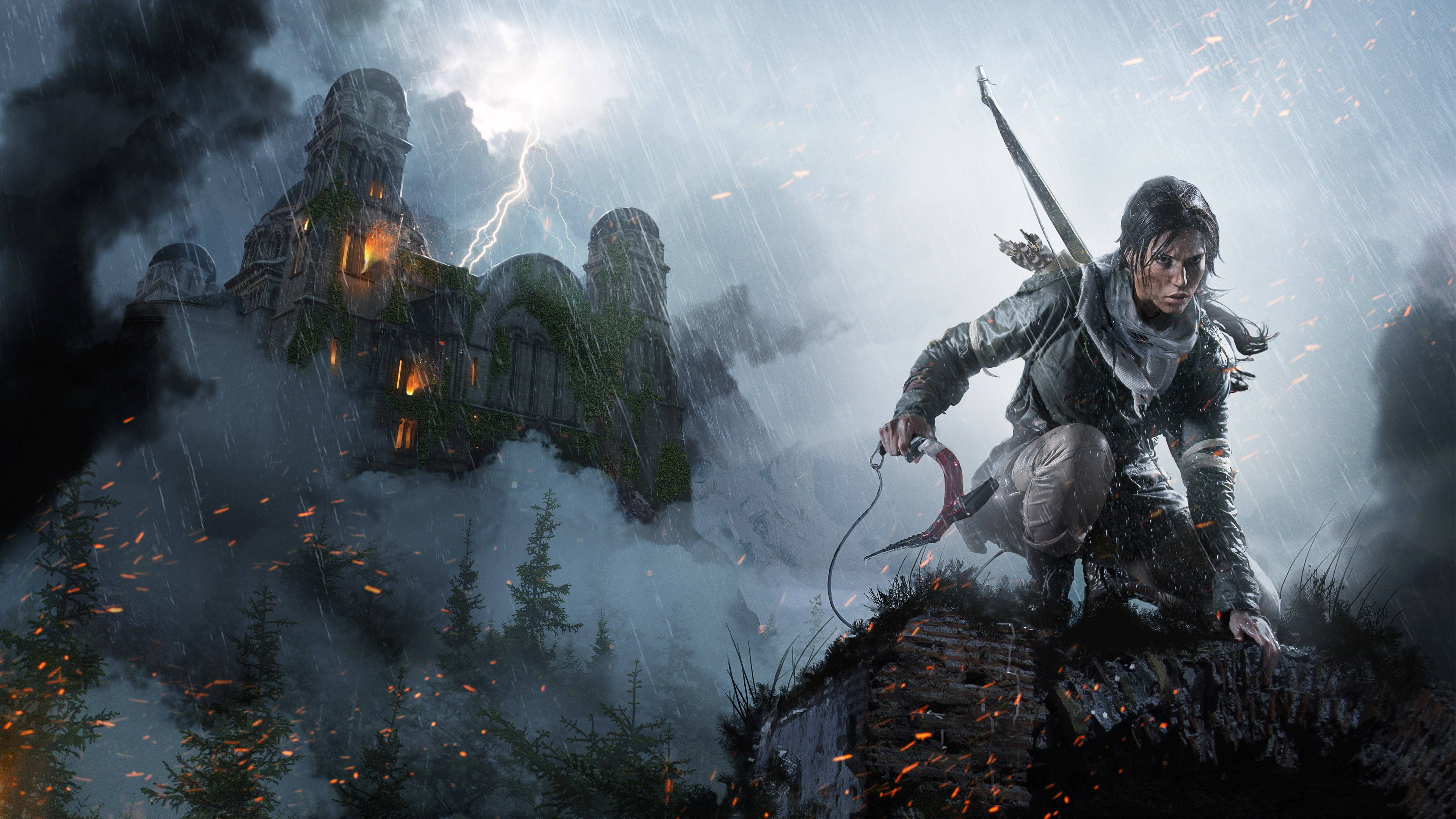 Rise Of The Tomb Raider 桌布 壁紙 — 一名戰士蹲在風暴森林的懸崖邊，遠方閃電擊中一座燃燒的城堡。
