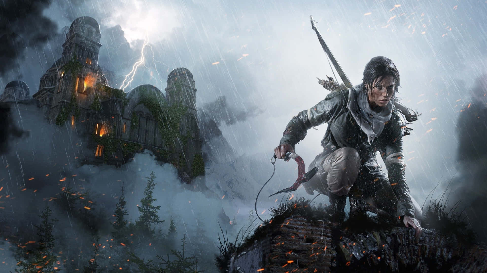 Lara Croft 桌布 壁紙 — 一名戰士蹲在風暴森林的懸崖邊，閃電擊中她身後一座 crumbling 城堡。