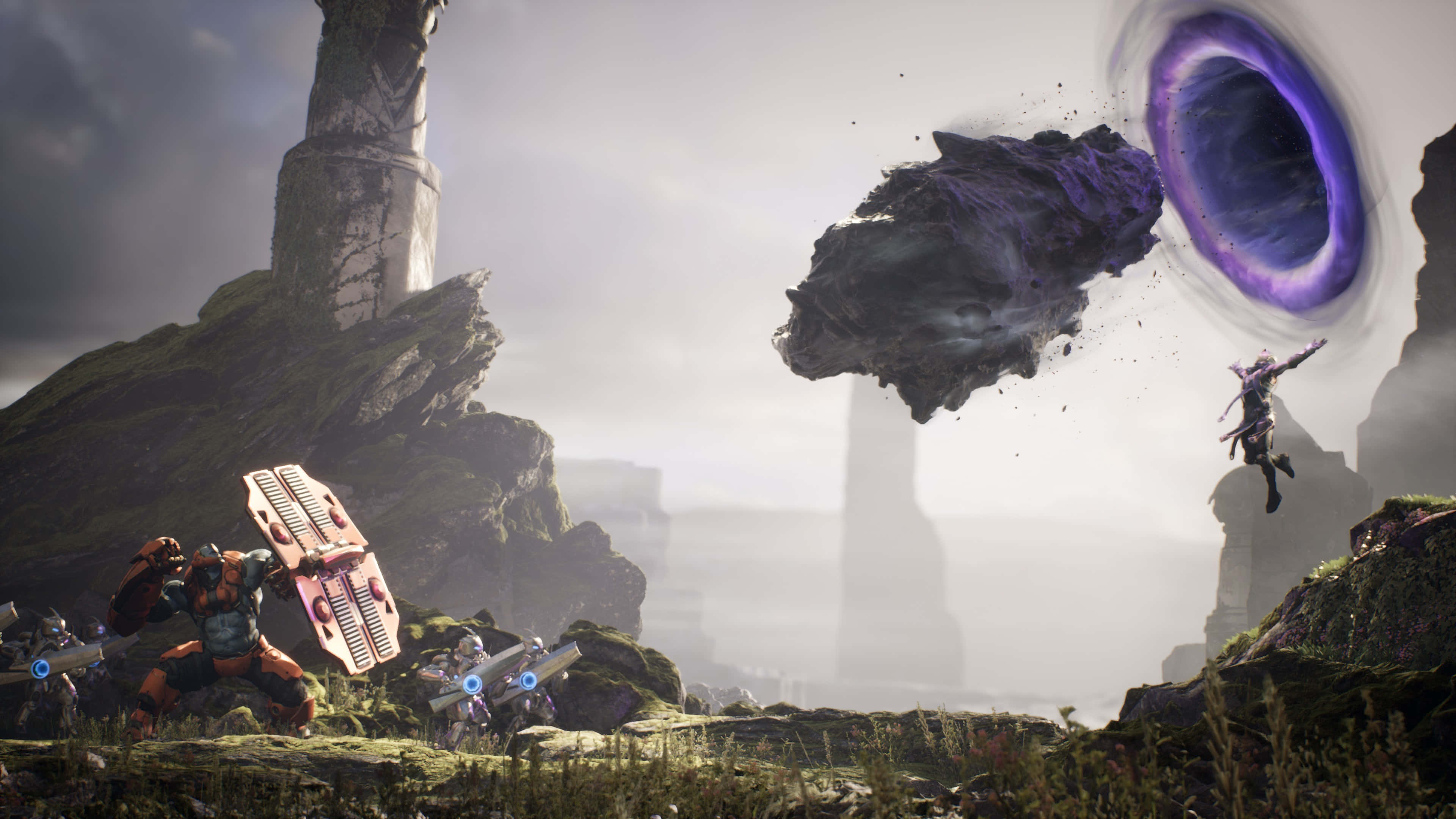 Moba Games 桌布 壁紙 — 一名戰士躍向旋轉的紫色傳送門，而身穿裝甲的盟友在長滿苔蘚的外星戰場上準備就緒。